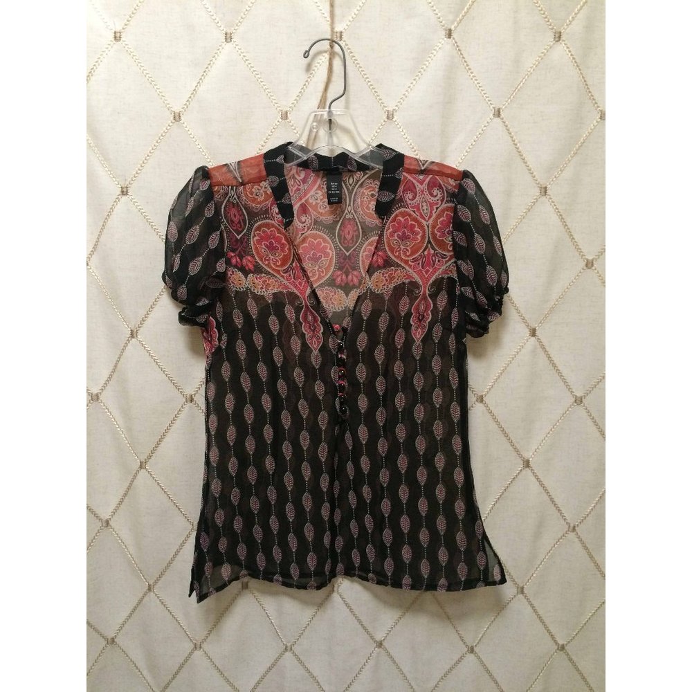 H&M Short Sleeve Blouse Black Pasiley Size XS US 4